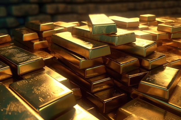 A pile of gold bars are stacked up