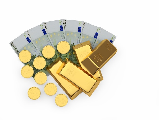 A pile of gold bars and coins on a fan of Euro bills