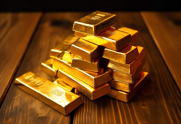 A pile of gold bars on a wooden surface