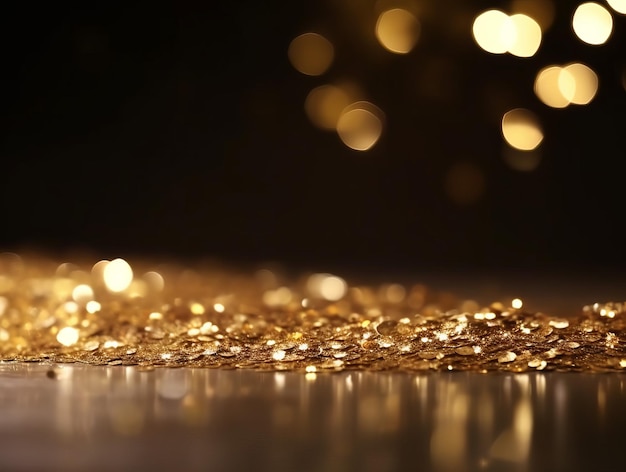 A pile of gold beads on a table with a blurry background.