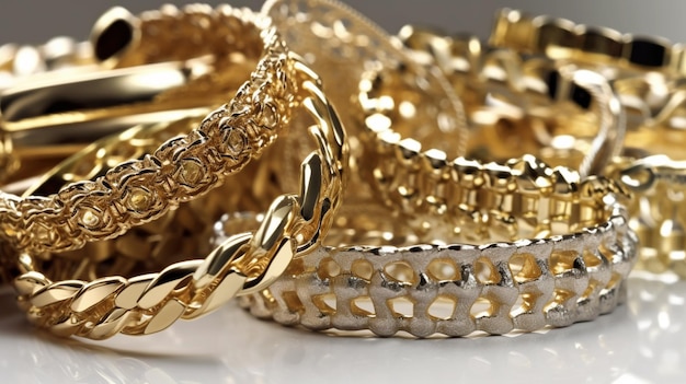 A pile of gold bracelets with the word gold on them