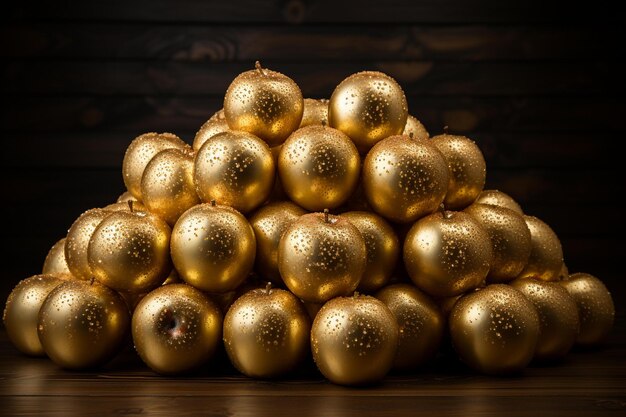 A pile of gold christmas balls on a wooden table.