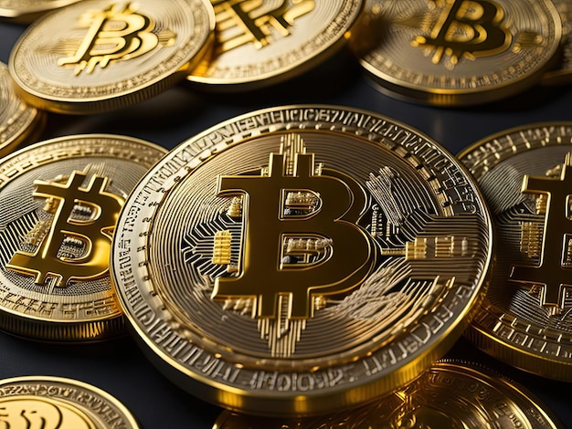 ビットコインの金貨の積み重ねに B 字が書かれています