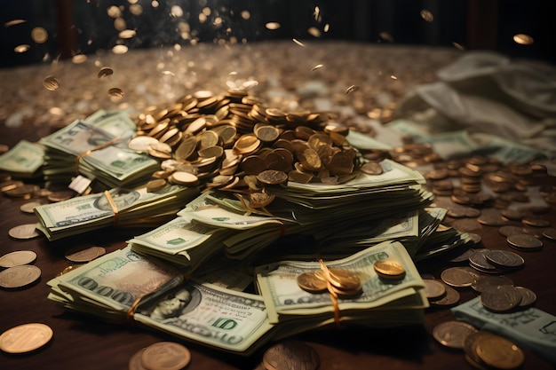 A pile of gold coins and dollar paper on a table