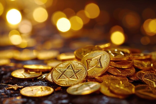 A pile of gold coins is neatly arranged on a table creating a shining stack of wealth and fortune Golden Hanukkah gelt scattered on a table AI Generated