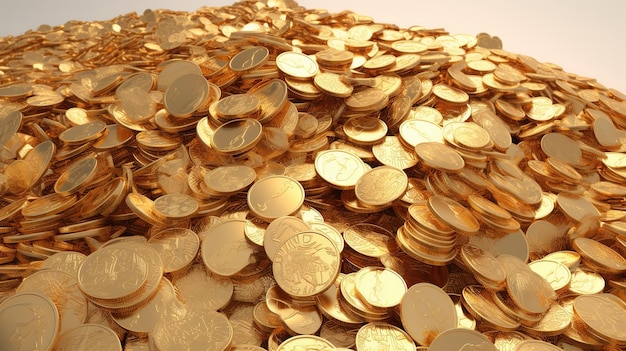 A pile of gold coins is shown on a table.