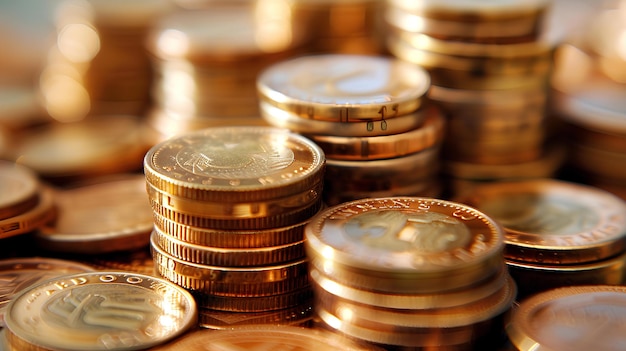 A pile of gold coins sitting on top of each other on a table top with a blurry background gold