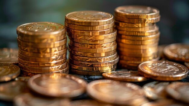 Photo pile of gold coins on table