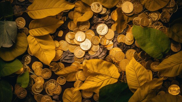 A pile of gold coins with leaves on them