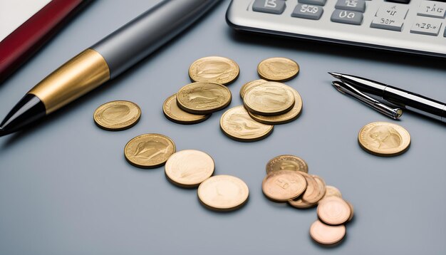 a pile of gold coins with a pen and a calculator on it