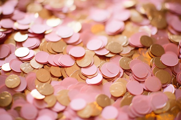 a pile of gold coins with pink and orange colors.