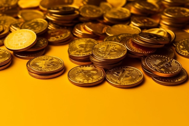 A pile of gold coins on yellow background