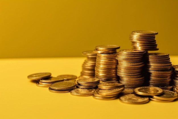 A pile of a gold coins on a yellow background