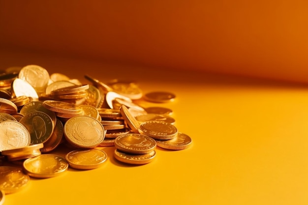 A pile of gold coins on a yellow background