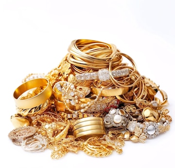 Premium Photo | A pile of gold jewelry and bracelets with white background