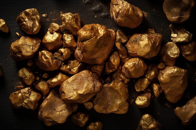 A pile of gold nuggets sits on a dark table.