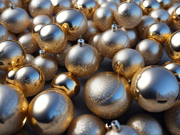 A pile of gold ornaments with the word christmas on them