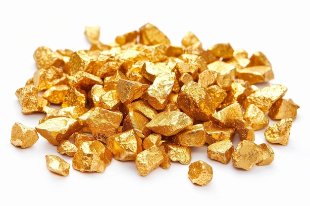 A pile of gold rocks on a white background