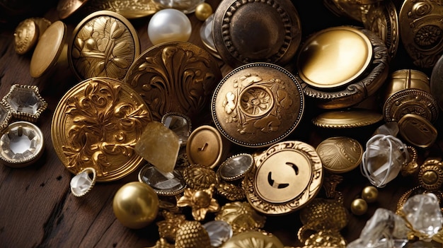 A pile of gold and silver buttons