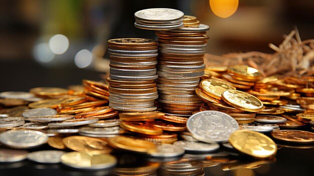 A pile of gold and silver coins on a table