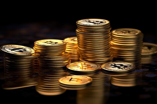 A pile of golden bitcoins on top of a black table bitcoins on a dark background Generative AI