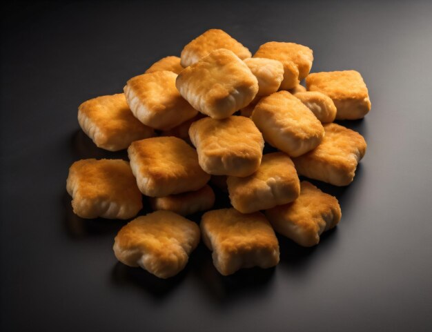 A pile of golden brown cheddar cheese nuggets on a black background with generative ai