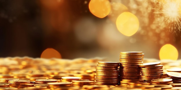 Photo pile of golden coins with gold bokeh background jackpot fortune concept generative ai