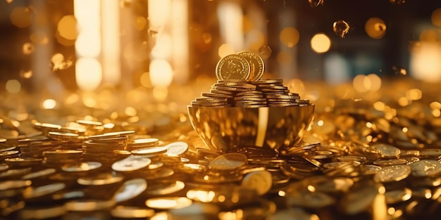 金のボケ味の背景を持つ金貨の山ジャックポットフォーチュンコンセプト生成AI