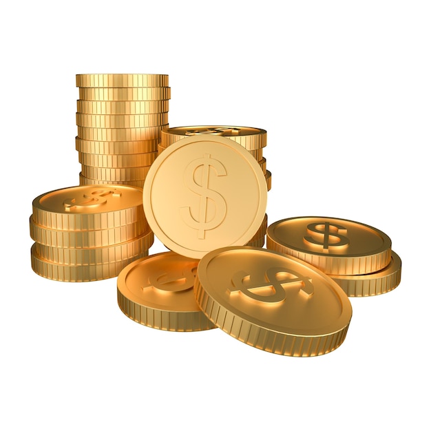 Pile of golden money coins on white background