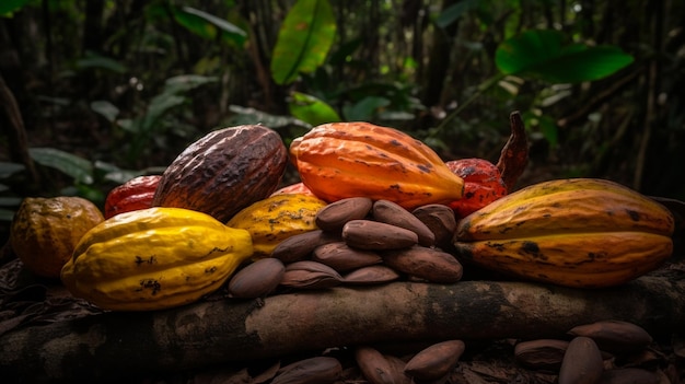 a pile of gourds on a tree trunk with the words " on it.