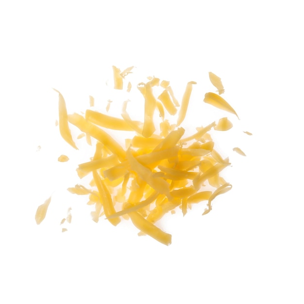 Pile of grated cheese on white background