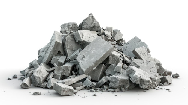 Pile of gray concrete fragments of destroyed building isolated on white