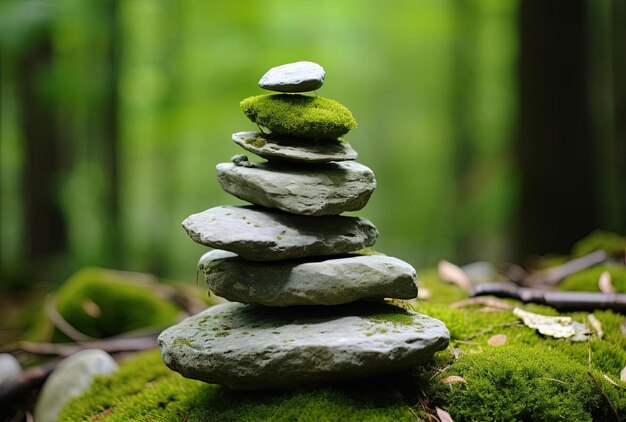 a pile of gray rock sitting on top of moss in the style of clean lines