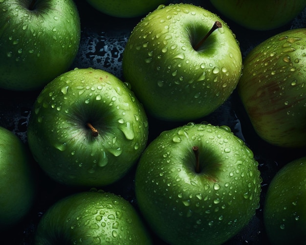 Photo a pile of green apples with water droplets on them