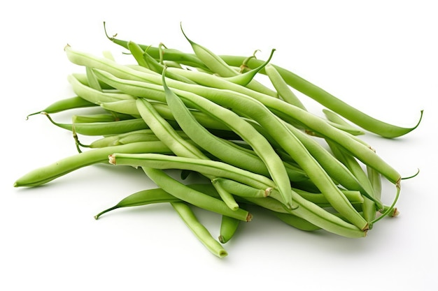 A pile of green beans sitting on top of a white table generative AI