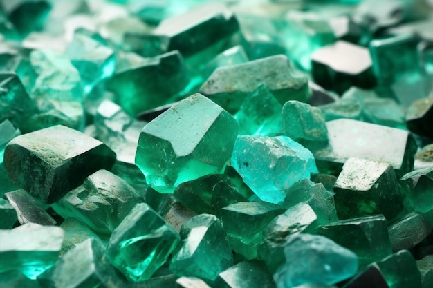 A pile of green and blue crystals with the word aqua on it.