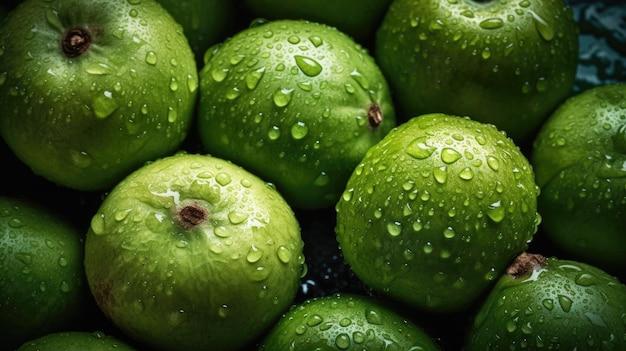 A pile of green fruit with water droplets on them