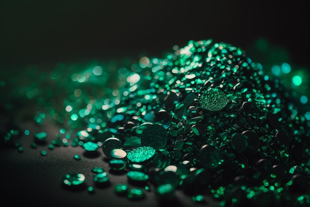 A pile of green glitter with a black background and the word love on it