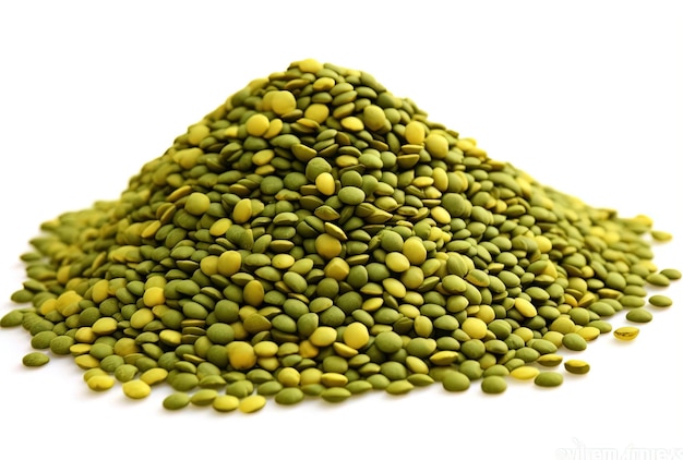 a pile of green lentils on a white background