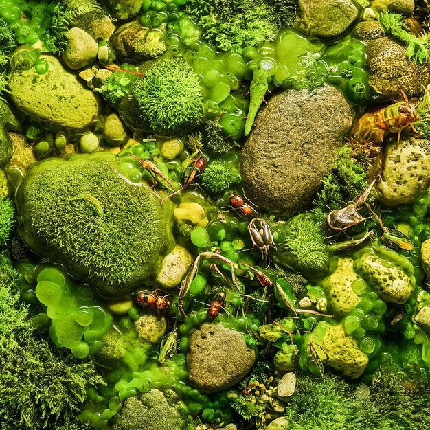 Foto un mucchio di muschio verde e formiche rosse sono tra le rocce