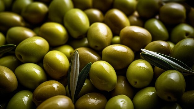 A pile of green olives with leaves on them