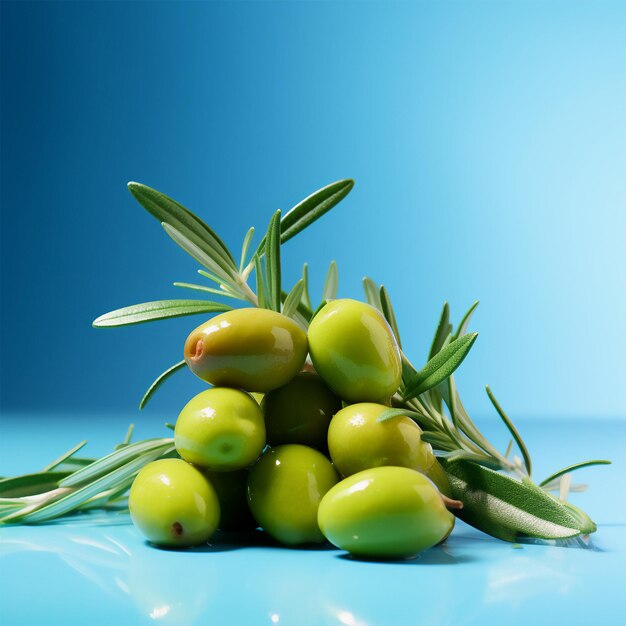 Photo pile of green olives with a rosemary leaf spilled