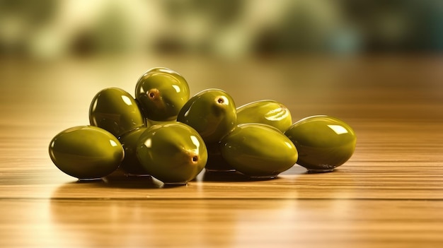 A pile of green olives on a wooden table