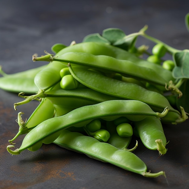 A pile of green peas sits on a table.