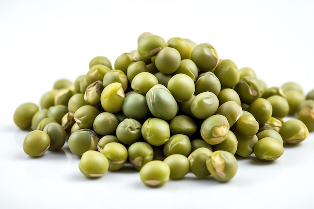 A pile of green peas on a white background