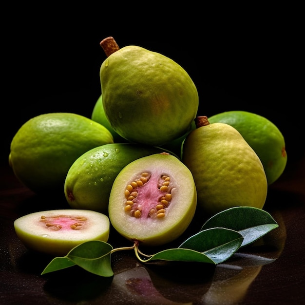 A pile of guava fruit with the word guava on the bottom.