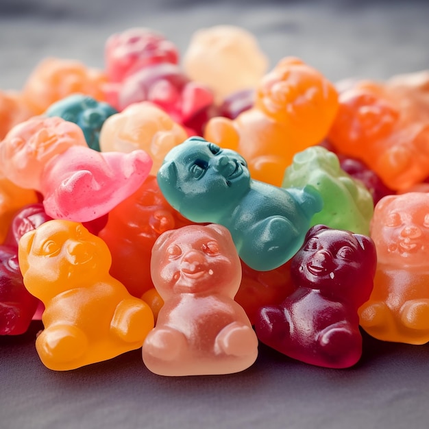 A pile of gummy bears is on a table