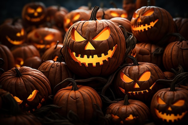 Pile of Halloween Pumpkins Head with Scary Expression AI Generative