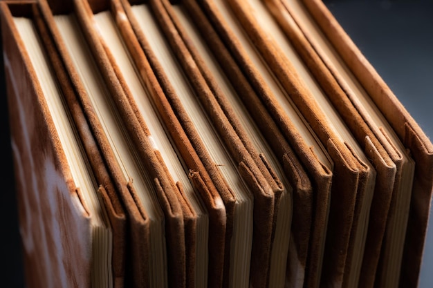 Pile of handmade notebooks isolated against black background