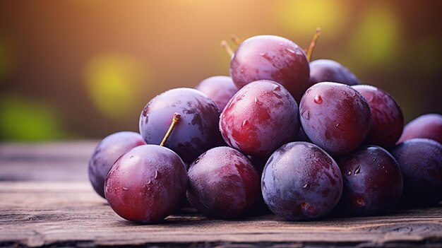 Photo pile of harvested plums on a wooden table